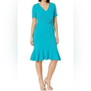 London Times Women's V-Neck Twist Midi w/ Flounce | size 14 W | Teal (blue/green